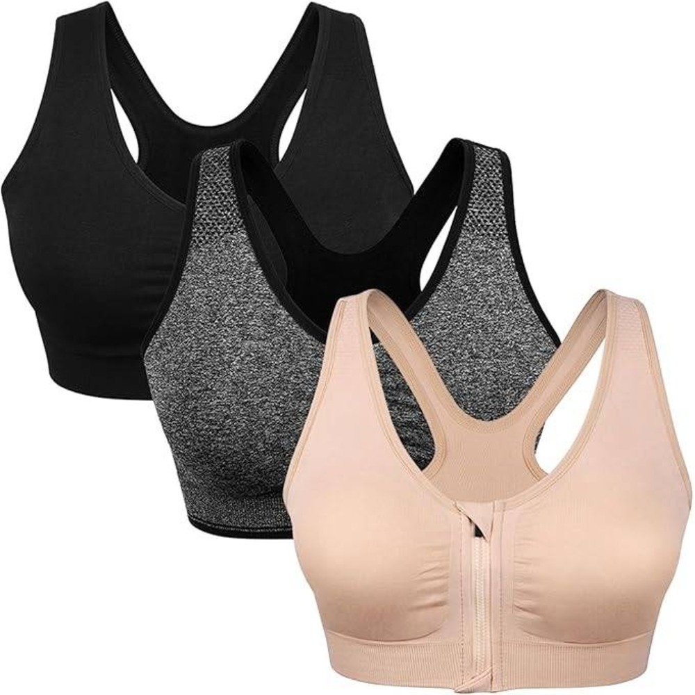 MSRP $39 WANAYOU 3 Pack Women's L Zip Front Sports Bra Wireless Post-Surgery